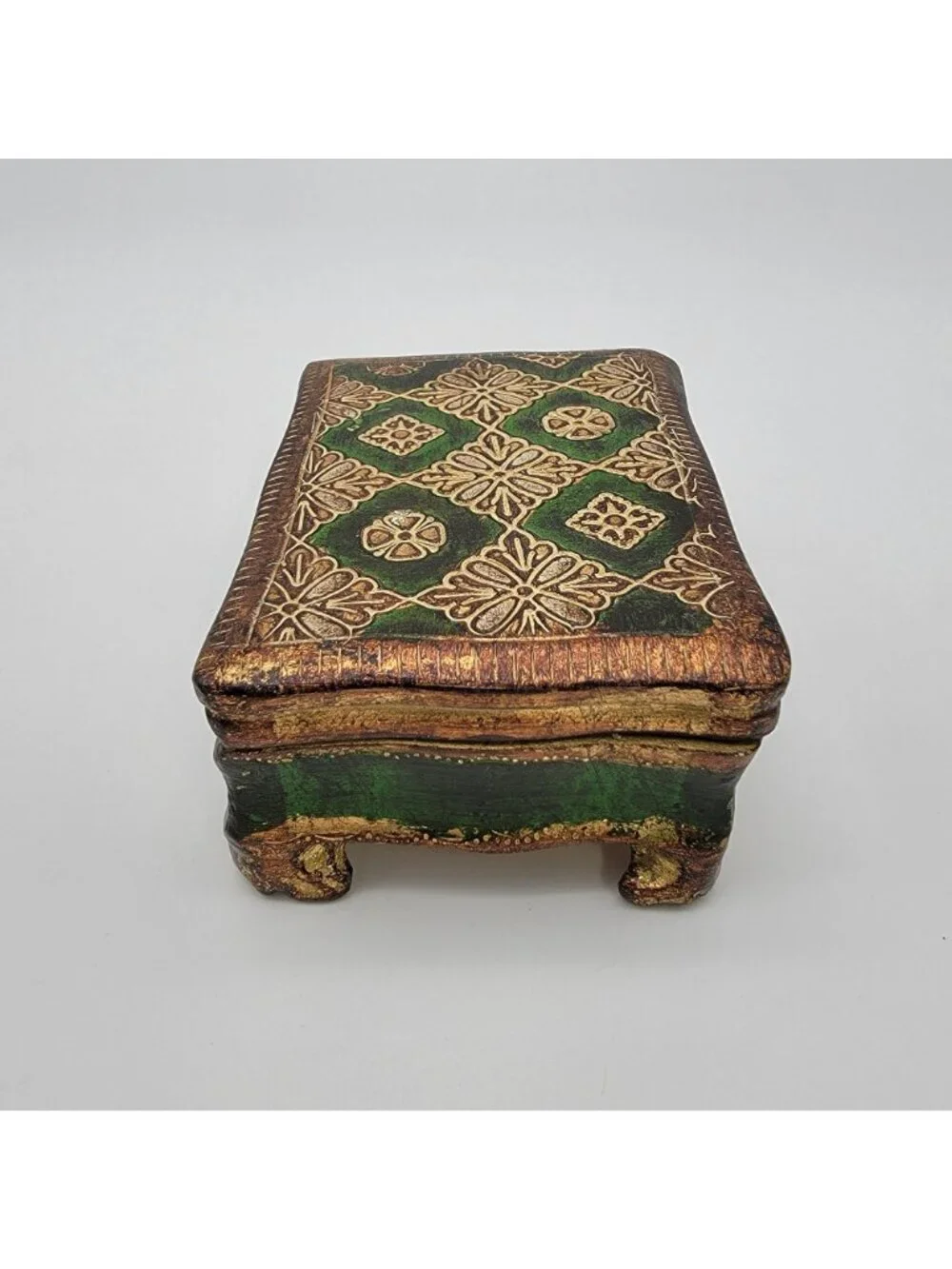Vintage Italian Florentine Gilded Gesso Trinket Box Green & Gold